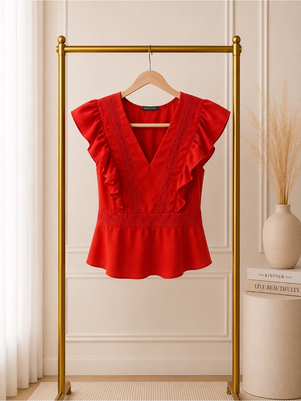 🔴 Lulumari Red Ruffle Tie-Back Blouse